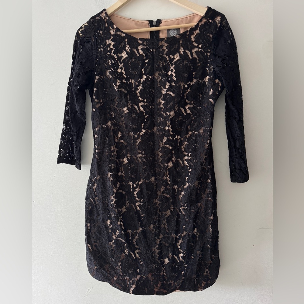 Vince Camuto Black Lace Floral Dress‎ Nude Underlay  3/4 Sleeve Size 10